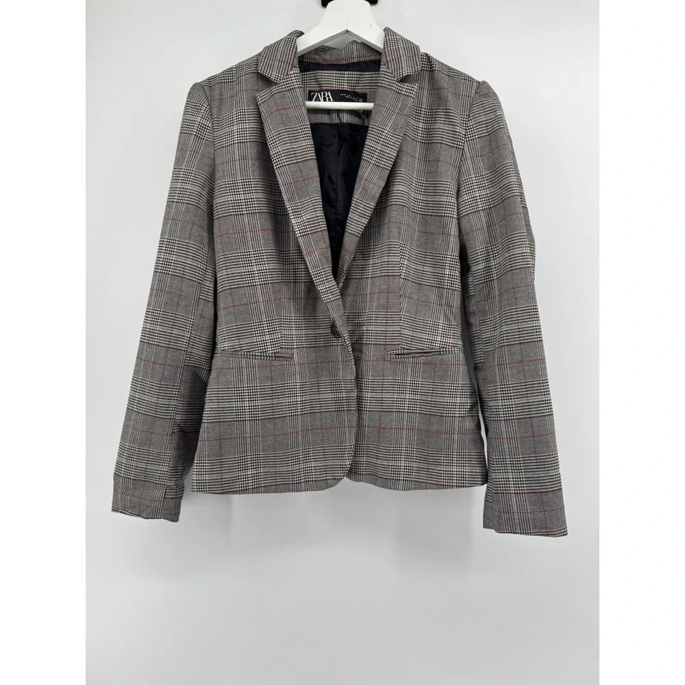 Zara Womens Glen Plaid Blazer Grey Red Check Single‎ Button Tailored Jacket